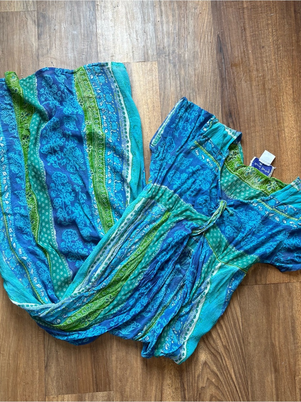 Vintage René Derby Blue & Green Boho Rayon Maxi Dress